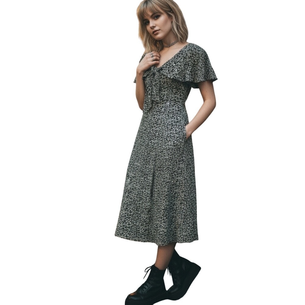 Vintage 90s Lanz Originals Floral‎ Midi Ruffle Tie Collar Midi Dress Size 6
